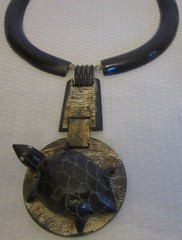 vintage Carved Horn Turtle Pendant Necklace Boho Tribal Wood Leather Brass 20″