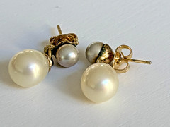 Vintage Cultured Pearl Double Drop Dangle Earrings Gold Filled Post 1940s Pair