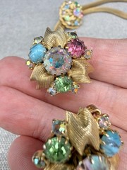 Vintage Mesh Lariat Necklace Earrings Gold Tone Rhinestones Colored Stones READ