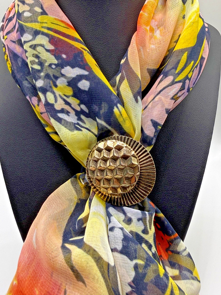 Vintage Gold Tone Geometric Scarf Clip Ring Holder Modernist Textured Unsigned