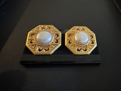 Vintage Decorative Gold Tone Faux Pearl Earrings Runway Statement Open Back