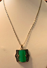 Vintage Art Deco Green Stone Silver Tone 18KT Gold Plate Pendant on 17” Chain