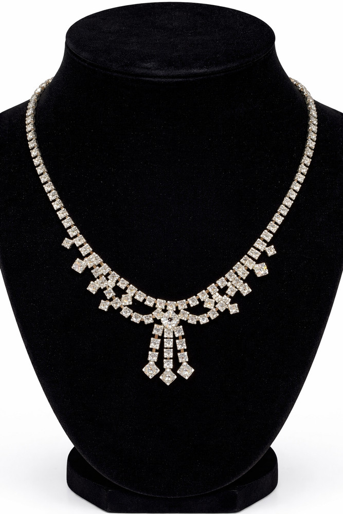 Antique Victorian Revival Silver Tone Faceted Rhinestone Bow Statement Necklace