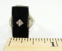 Vintage 18K White Gold Black Onyx Diamond Art Deco Ring Sz 4.25 .10 CTW SI1 J/K