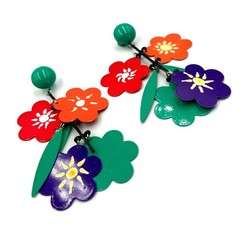 Vintage Flower Geometric Multi-Tier Dangle Metal Earrings 80s Colorful Mod