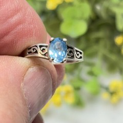 Vtg Signed RDC Sterling Silver 925 Topaz Solitaire Cut Out Scroll Band Ring Sz 5