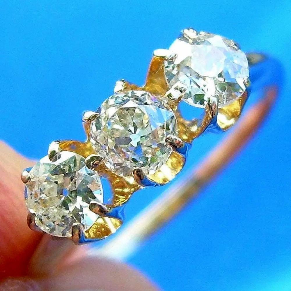 Original EARTH MINED DIAMOND 3 stone Deco Anniversary Wedding Ring Antique Band