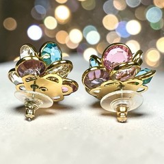 Vtg Bezel Set Earrings Pierced Pastel Blue Pink Clear Green Rhinestone Center