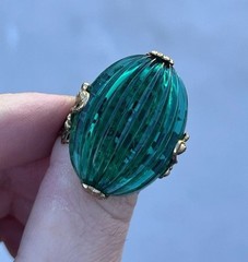 Vintage Emerald Green Glass Ribbed Cabochon Brass Filligree Ring Sz 10 Art Deco