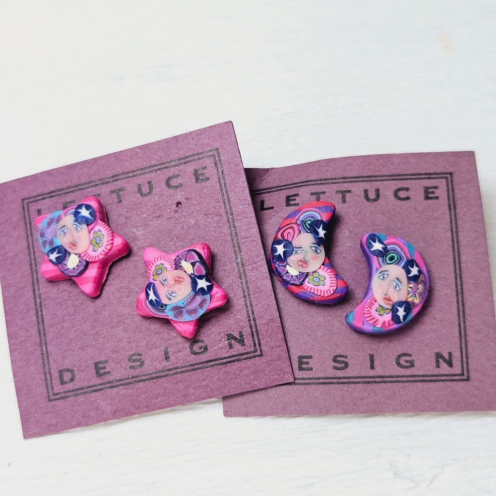 90s Earrings Polymer Clay Moon Star Bright Pink Blue Orig $32 Wear Repurpose