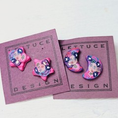 90s Earrings Polymer Clay Moon Star Bright Pink Blue Orig $32 Wear Repurpose