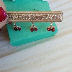 Art Deco Art Nouveau Sterling Silver 925 Red Cherries Scroll Bar Pin Brooch