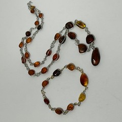 VtgGenuine Honey Cognac Amber Nugget Wire Wrapped Pendant Necklace Bracelet Set