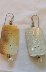 Vintage Mother of Pearl Rectangle Carved Flower Dangle Earrings w/ Pearl