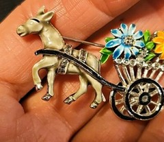 Vintage 1950s Marcasite and Enamel Rhodium Plated Donkey & Flower Cart Brooch