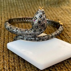 Vintage Style 4.85ctw Rose Cut Diamond Ruby Studded Silver Snake Bracelet Bangle