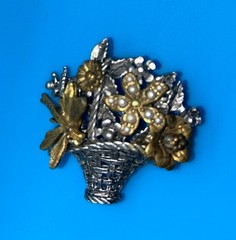 Gold Tone Pewter Dragonfly Faux Pearl Brooch Floral Basket Nature Vintage Garden