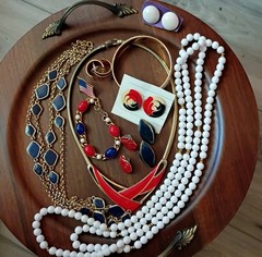 Patriotic VTG Grandmas Jewelry Lot Enamel Red White Blue Necklace-Brclts-Earrngs