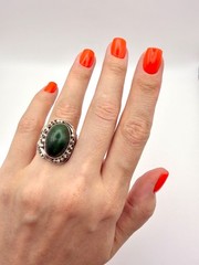 Vintage Soviet filigree ring made of nickel silver with Jade.Size-8.