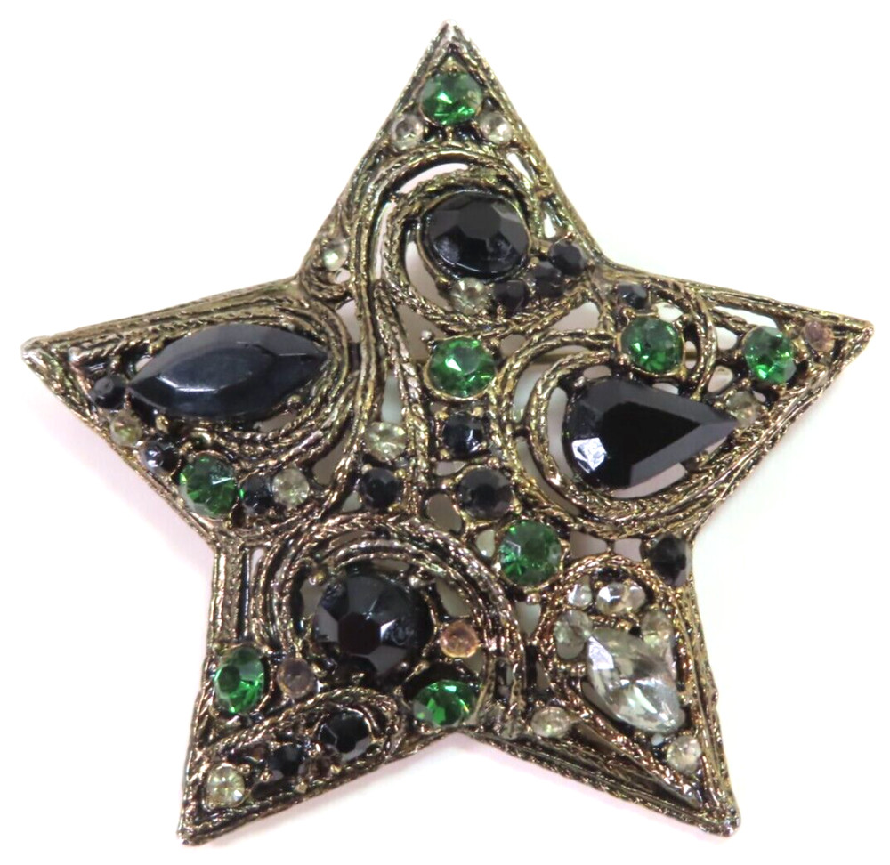 La Roco 1950s Star Brooch Bronze Tone Black Green Rhinestones Textured