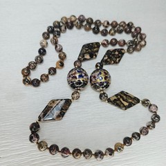 Vintage Necklace LARGE Cloisonne Bead Leopard Jasper Gemstone Knotted 33″