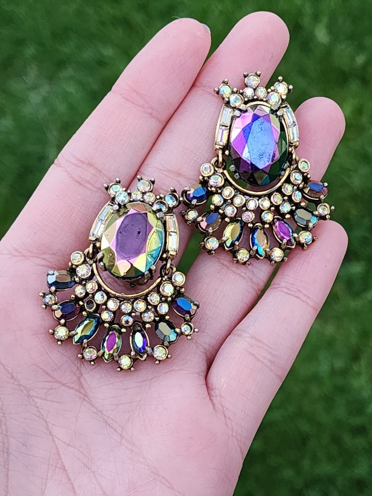 Vtg Hollycraft 1956 Peacock Blue Ab Clip Earrings Iridescent Glass Articulated