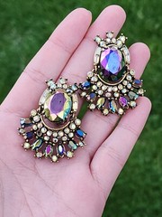 Vtg Hollycraft 1956 Peacock Blue Ab Clip Earrings Iridescent Glass Articulated