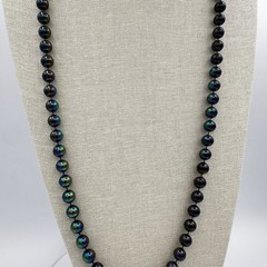 Vintage Iridescent Black Pearl Strand Necklace Long Opera Bead Peacock Blue Y2K