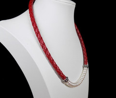 Vintage Honora Pearl Collar Necklace Red Braided Leather 925 Sterling Silver