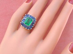 ESTATE ART DECO 2.30 ct EMERALD 4 ctw SAPPHIRE DIAMOND PLATINUM COCKTAIL RING
