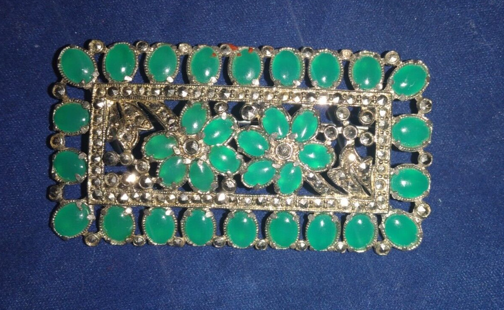 Antique Emerald Cabochon Flower Marcasite Pin Brooch Silver Tone Early 1900 RARE