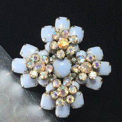 Vtg Maltese Cross Blue Milk Glass Brooch Pin AB Crystal Floral Accents 2.4″
