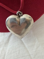Vintage Big Sterling Silver Large Puffy Heart Pendant Chunky on Silk Cord