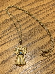 Beautiful Avon Vintage Gold Tone Angel With Blue Rhinestone Pendant Necklace