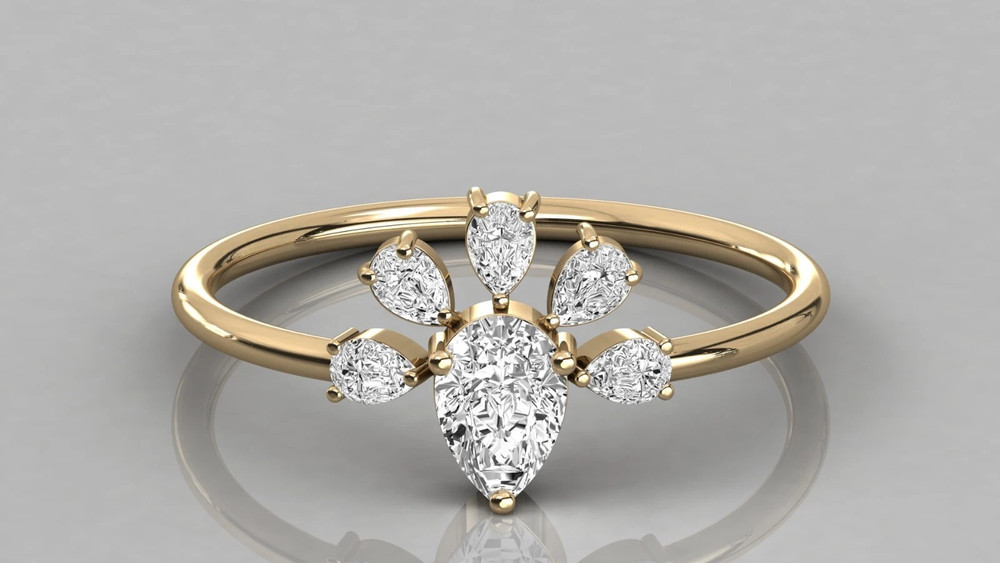 Impressive Pear Shape Vivid White Moissanite With 10K Yellow Gold FN Fancy Ring