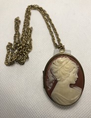 Vintage 1950s Faux Cameo Locket Necklace 23” Chain Locket 2.75” Holds Photo Etc