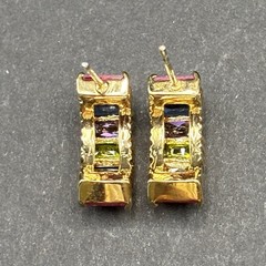 Vintage Gretchen Gray Sterling Silver Rainbow Baguette Huggie J Hoop Earrings