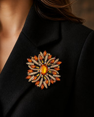 Vintage Amber Crystal Rhinestone Brooch, Antique Gold Tone Statement Pin
