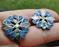 Alpaca Silver Abalone & Lapis Lazuli Flower Screw Back Earrings Repair