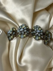 Vintage Pastel Blue & Green Rhinestone Floral Wire Bracelet – Silver Tone
