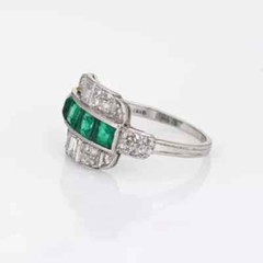 Art Deco Style Green Emerald Lab-Created Diamond Wedding 14K White Gold FN Ring