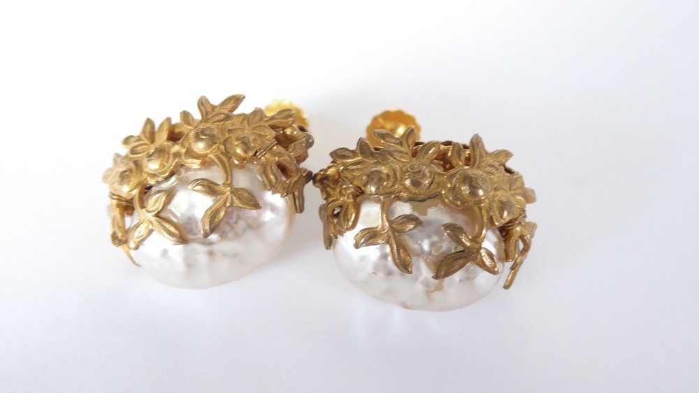 Miriam Haskell Earrings Baroque Faux Pearl Gilded Floral Clip-On Vintage 2400513