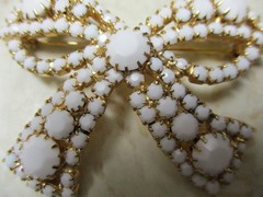 Gold and White BOW pin brooch Vintage MILK GLASS rhinestones