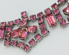 Vintage Pink Rhinestone Necklace Crystal Choker Bib Mid Century Glam 15″