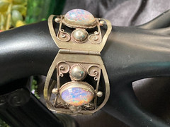 Vintage Taxco Mexico Sterling Silver Faux Fire Opal Link Panel Patina Bracelet