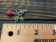 Vintage JUICY COUTURE Rhinestone Red Cherry Pendant Enameled Leaves