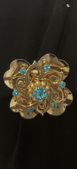 vintage clover leaf Brooch pendant gold Plated Metal Blue Crystals and Pearls