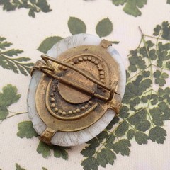 Vintage Brass Victorian C-Clamp Blue White Gold Speck Oval Pin Brooch