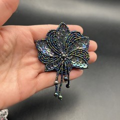 Blue Sequin Beaded Brooch Pin Flower Floral 80s Iridescent Peacock Tone Vintage