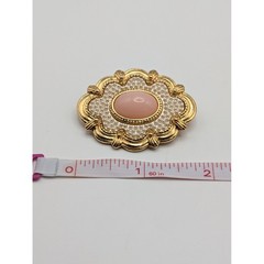 Vintage Gold Tone Scalloped Brooch Pin Pink Cabochon Faux Seed Pearl 2 Inch